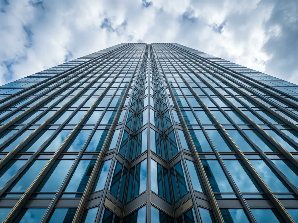 Looking up at a unitized curtain wall tower
