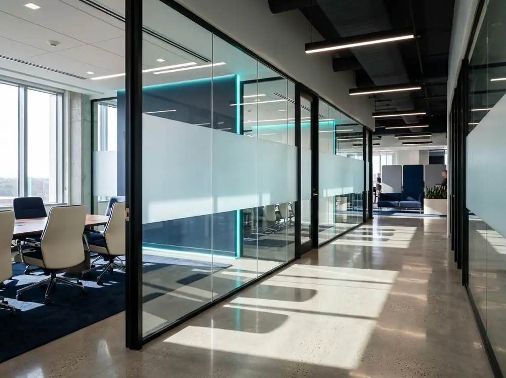Office meeting rooms divided by slim-framed partitions