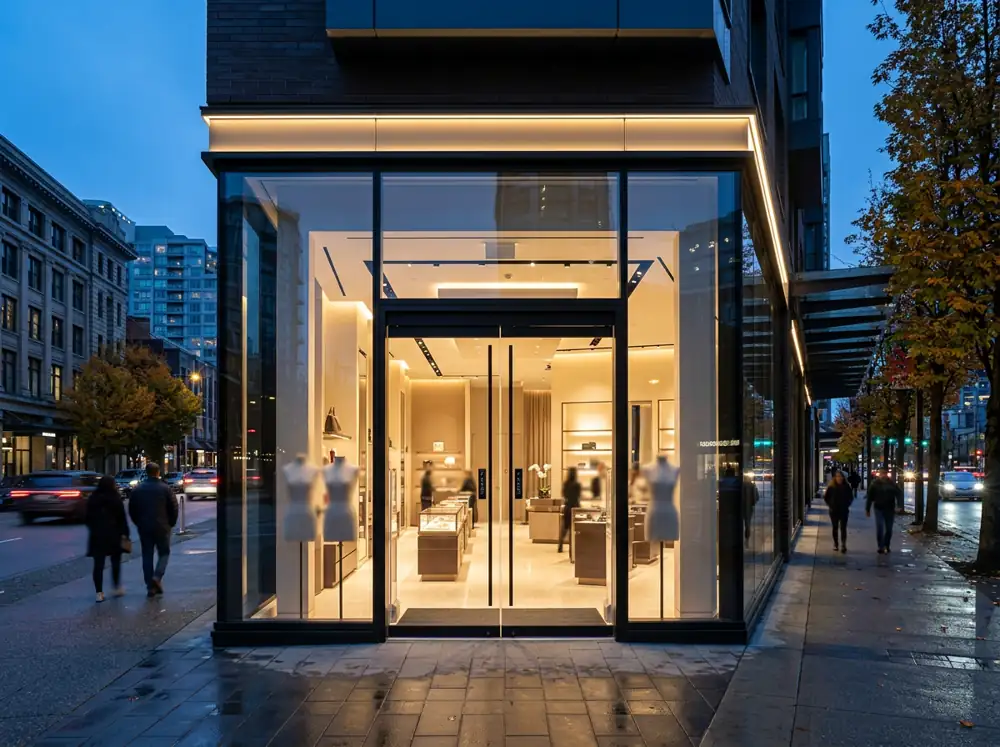 Retail storefront with an automatic sliding entrance at night