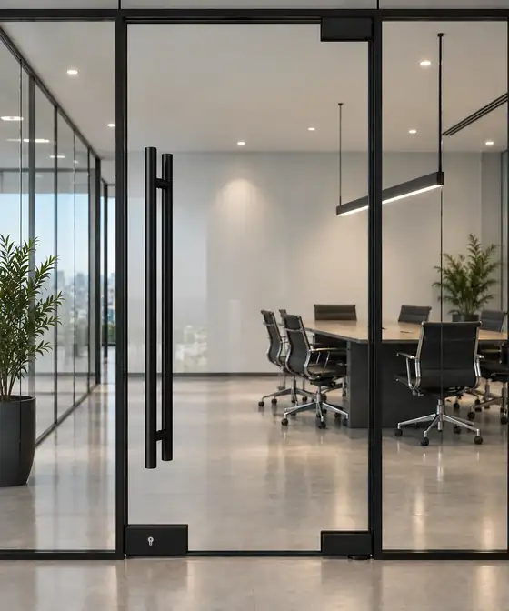 Frameless glass partition door in a bright boardroom